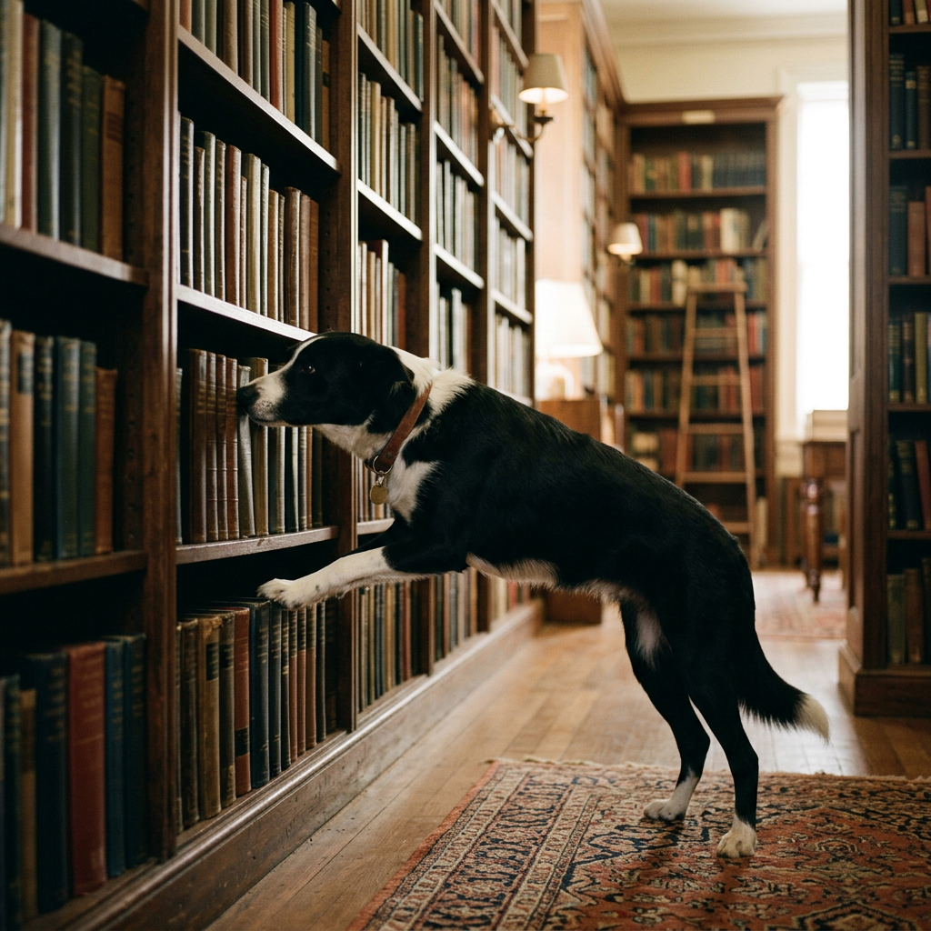 Black and white dog on hind legs sniffing books on library shelves